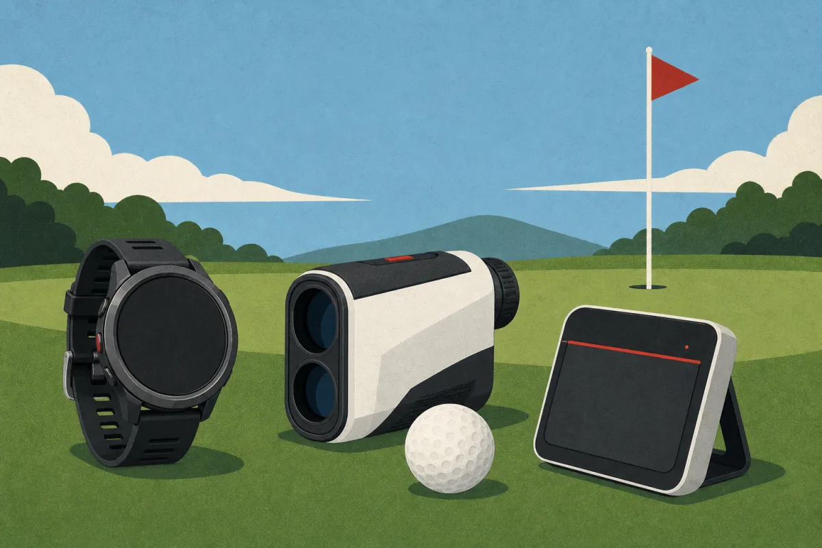 Illustration of a golf GPS watch, rangefinder, and launch monitor