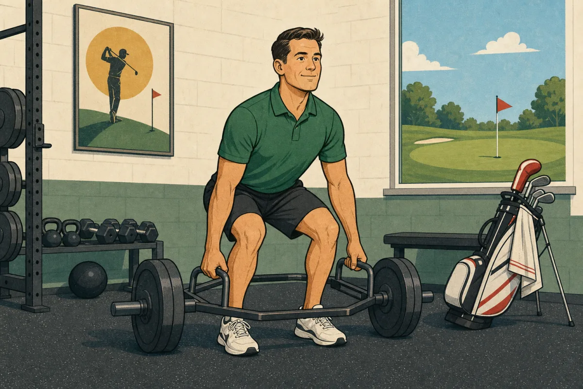 Golfer lifting a trap bar with controlled technique