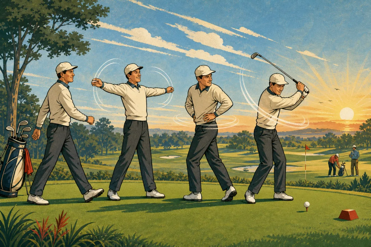 Golfer progressing through walking, arm circles, body turns, and practice swings