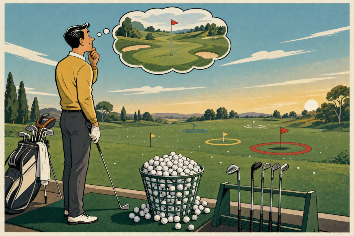 A golfer rebuilding purposeful practice at the driving range